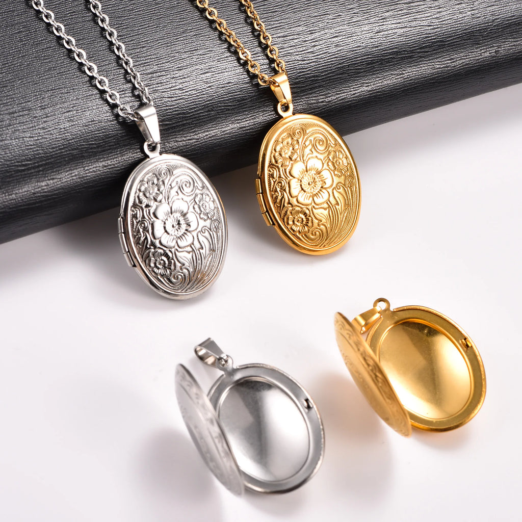 Carved Floral Stainless Steel Egg Photo Locket Pendant Necklace for Women Men Openable Picture Frame Charms Chain Metal Jewelry