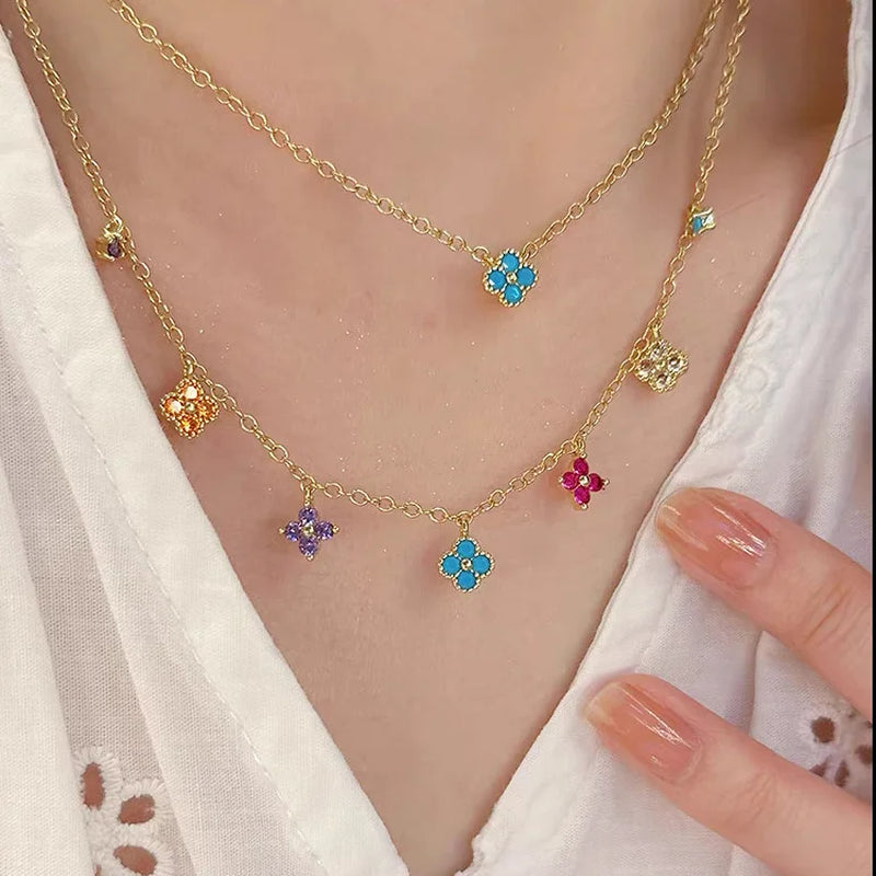 925 Sterling Silver Colorful AAA CZ Gold Color Clover Necklace Elegant Pendant Jewelry for Women Valentine'S Day Gift