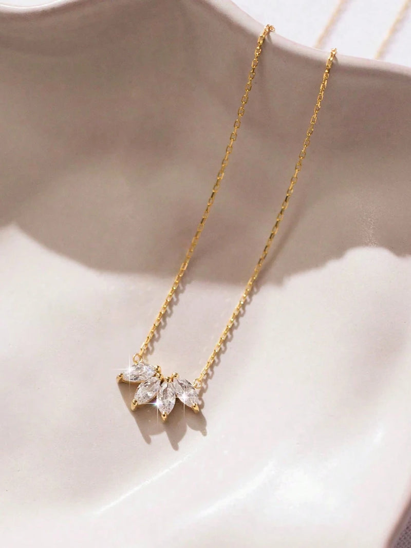 925 Sterling Silver Classic Gorgeous Marquise Zircon Golden Crown Necklace High Quality Fine Jewelry
