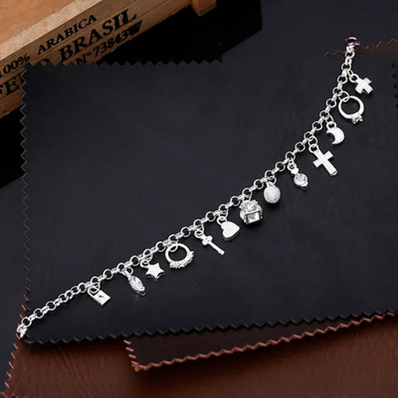 New 925 Sterling Silver 13Pcs Charm Bracelet Fine Jewelry