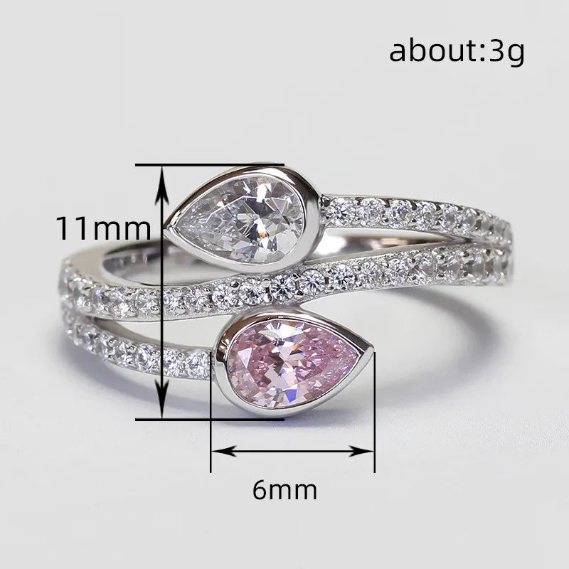 925 Sterling Silver Exquisite Waterdrop Pink/White Cubic Zirconia Ring Luxury Jewelry