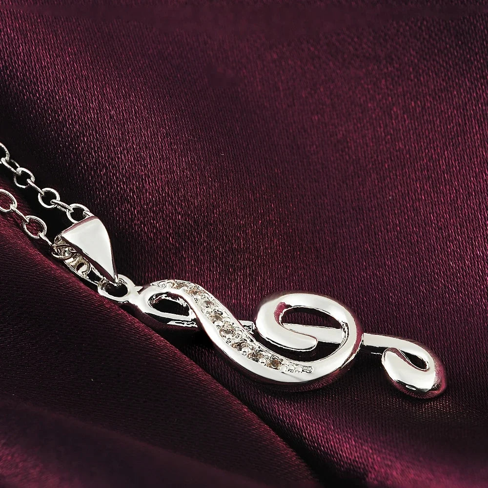 Fine 925 Sterling Silver Crystal Music Note Pendant Necklace Jewelry