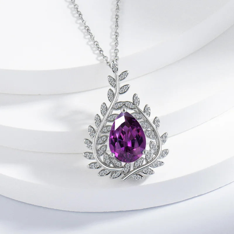 Pure 925 Sterling Silver Purple Zircon Pendant Necklace Premium Leaf Design Elegant Clavicle Chain