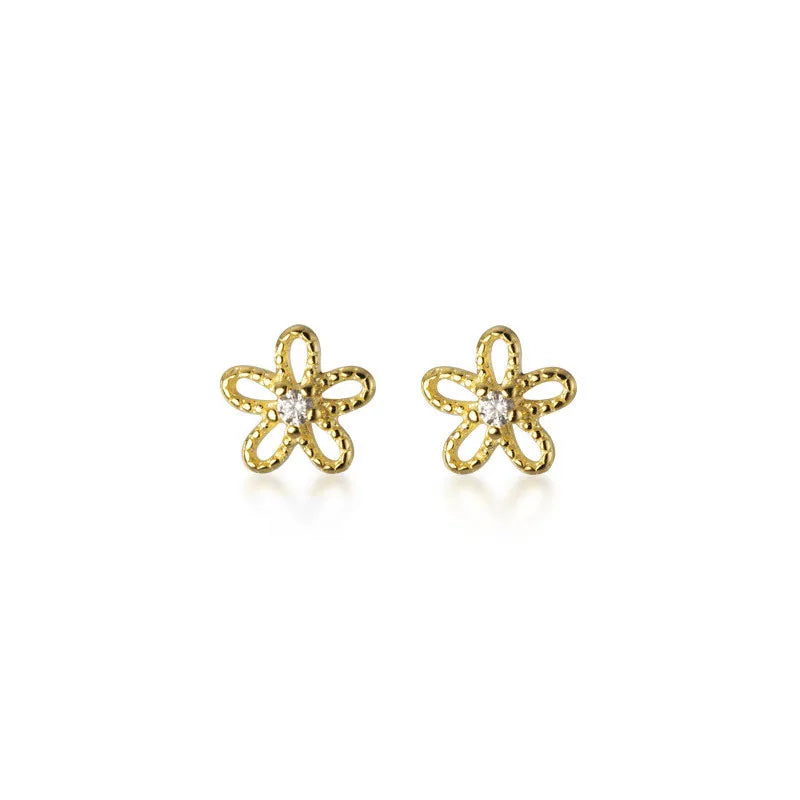 Real 100% 925 Sterling Silver 18k Gold Plated Cute Sweet Hollow Mini Small Flower Geometric Stud Earrings Fine Jewelry