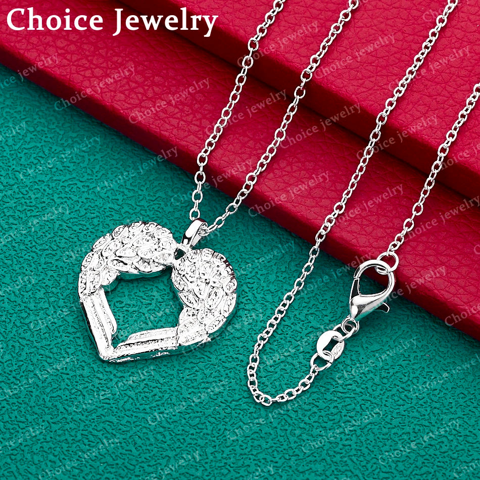 Fine 925 Sterling Silver Chain Heart Angel Wings Pendant Necklace Jewelry