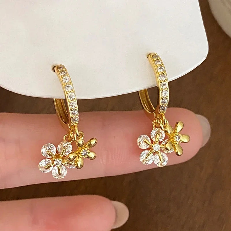 New 925 Sterling Silver 18k Gold Plated Zircon Flower Pendant Hoop Earrings Fine Jewelry