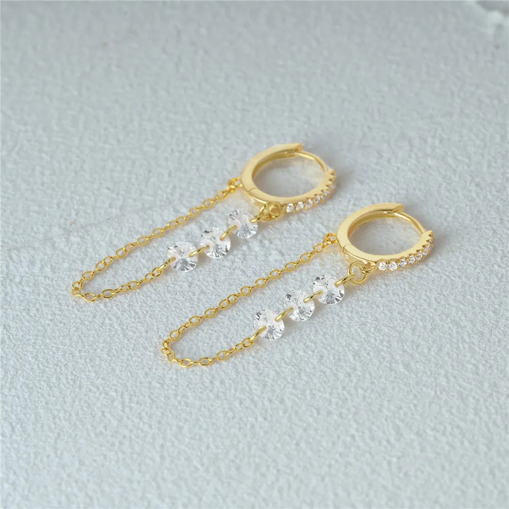 925 Sterling Silver Three Zircon Drop Long Chain Gold Hoop Buckle Piercing Earrings Jewelry