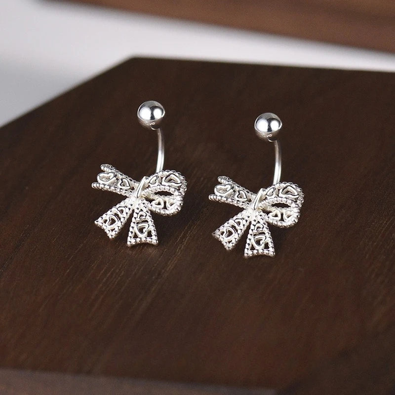 Real 925 Sterling Silver Bow Screw Buckle Puncture Stud Earrings Fine Jewelry Minimalist