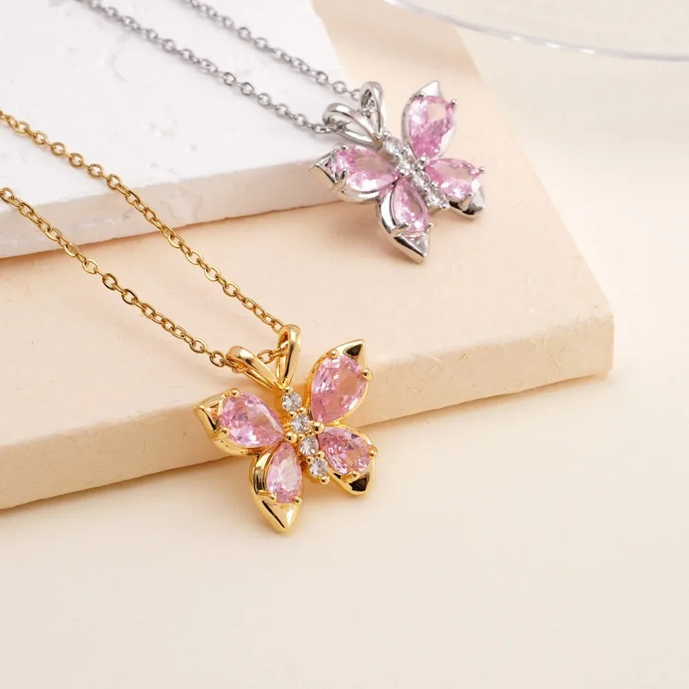 Stainless Steel Pink Zircon Crystal Pendant Butterfly Necklace Chain Gold Silver Color Necklace Jewelry