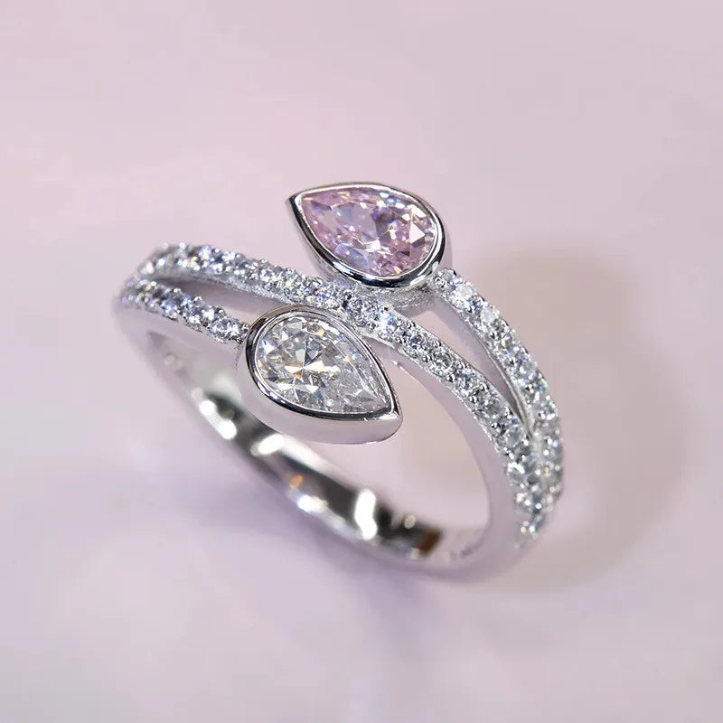925 Sterling Silver Exquisite Waterdrop Pink/White Cubic Zirconia Ring Luxury Jewelry