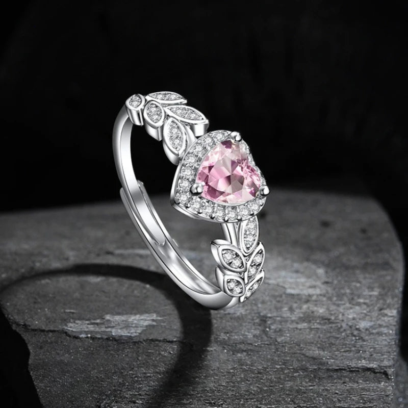 925 Sterling Silver Ring Shining Pink Heart Zircon Fine Jewelry