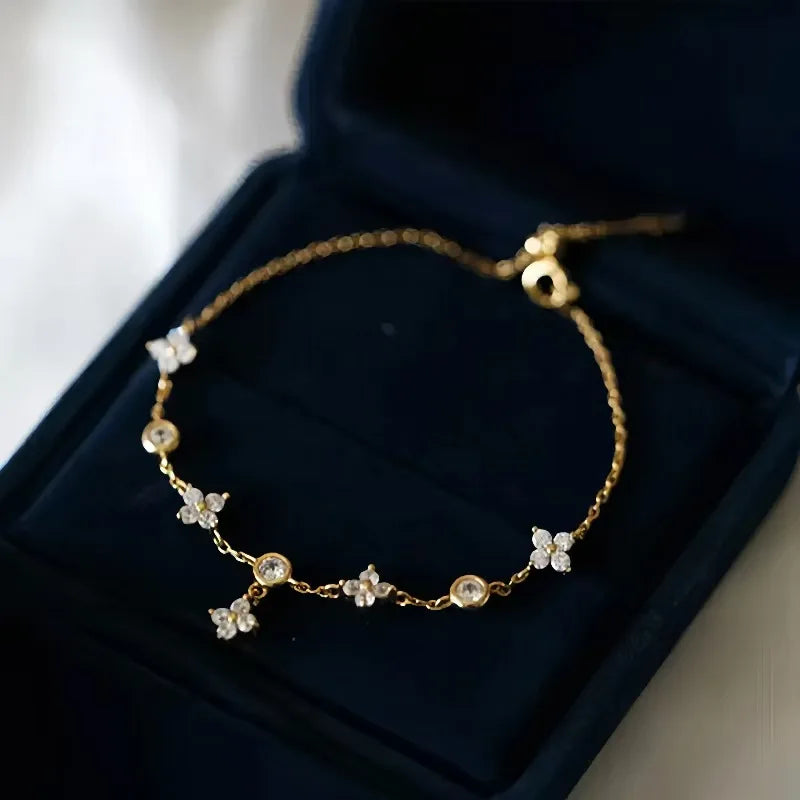 925 Sterling Silver 18K Gold Plated Sparkling Zircon Flower Necklace Bracelet Exquisite Jewelry