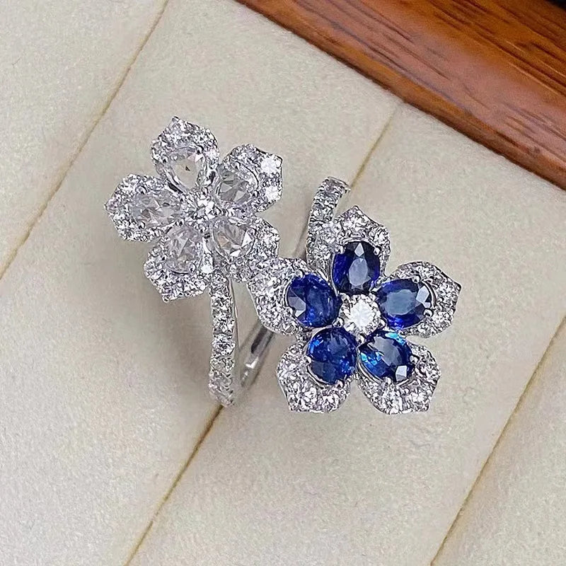 925 Sterling Silver Blue Zircon Crystal Adjustable Twisted Leaves Flowers Ring Fine Jewelry