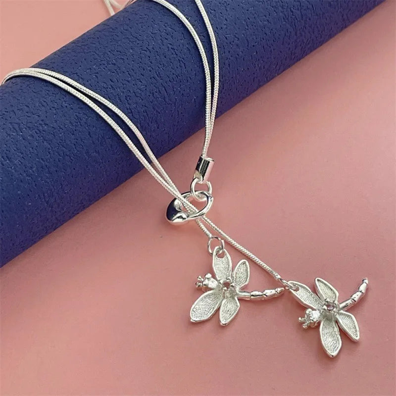 925 Sterling Silver Two Dragonfly Pendant Necklace for Women Snake Chain Necklace Jewelry