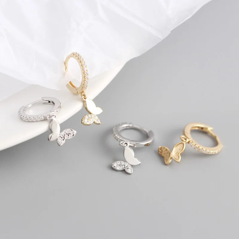 Real 925 Sterling Silver18k Gold Plated Pure Zircon Butterfly Hoop Earrings Fine Jewelry