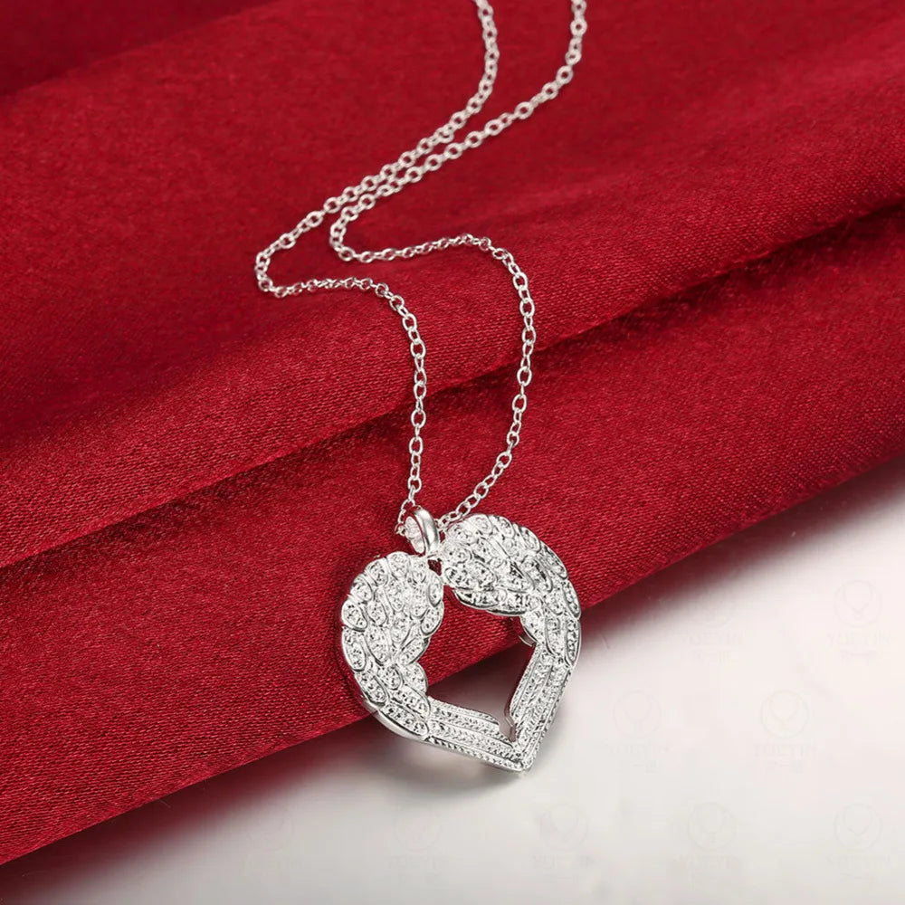 Fine 925 Sterling Silver Chain Heart Angel Wings Pendant Necklace Jewelry