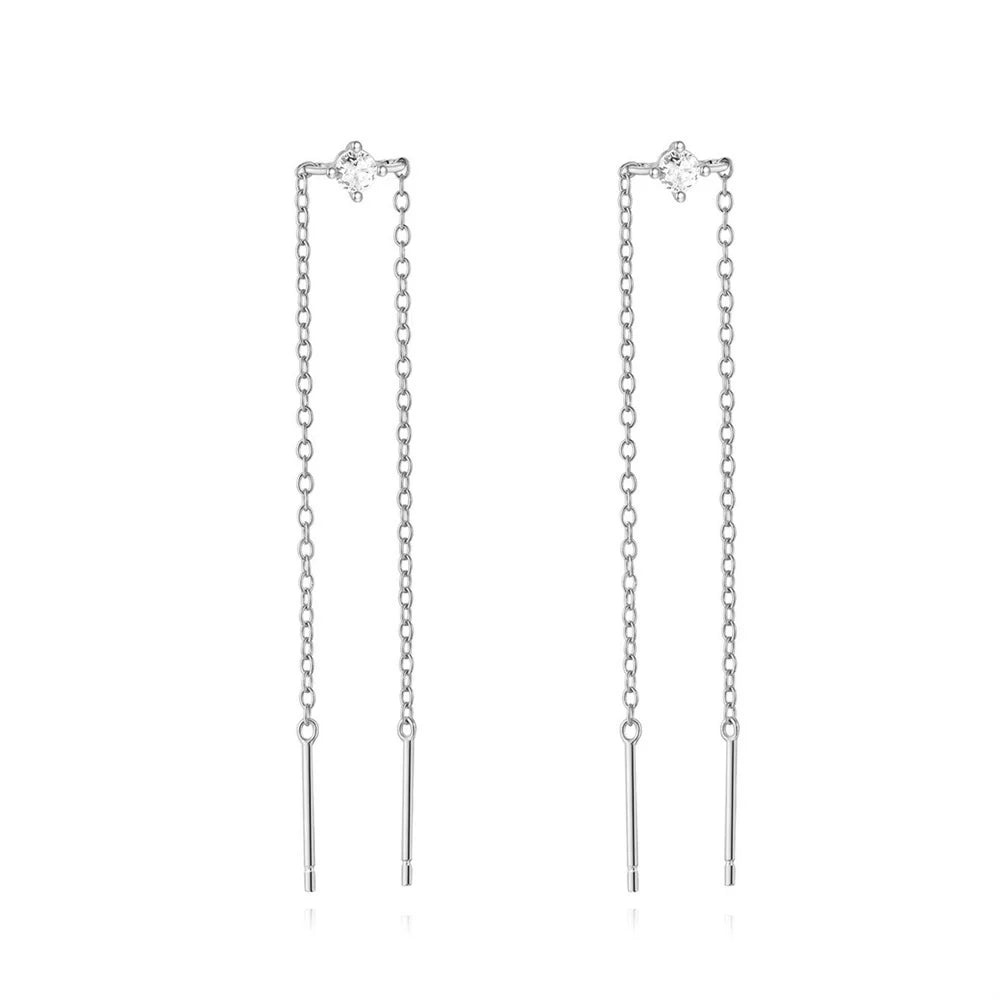 Fine 925 Sterling Silver 18k Gold Plated Zircon Tassel Chain Earrings Fine Jewelry