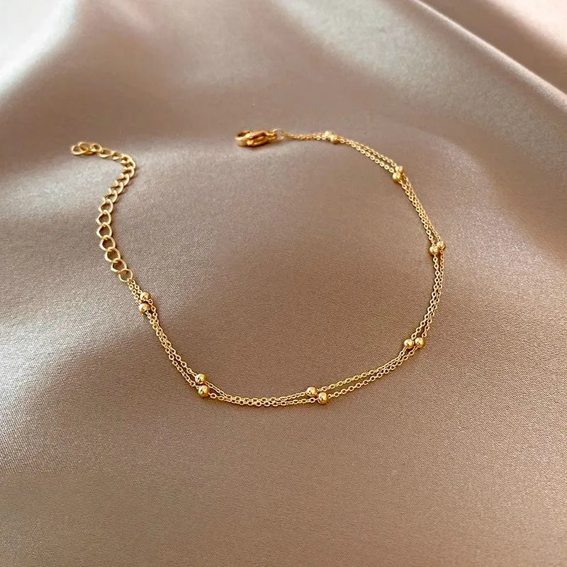 Fashionable 925 Sterling Silver Gold Small round Bead Bracelet Double-Layer Bracelet Jewelry Gift