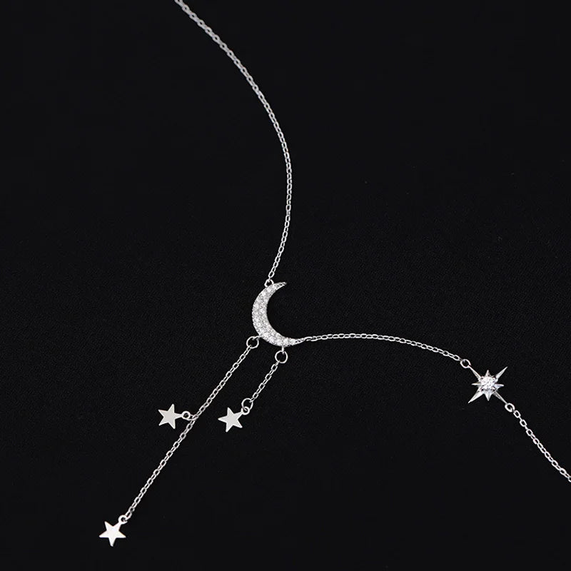 925 Sterling Silver Star Moon Necklace Tassel Collarbone Chain Sparkling AAA Zircon Pendant Fine Jewelry