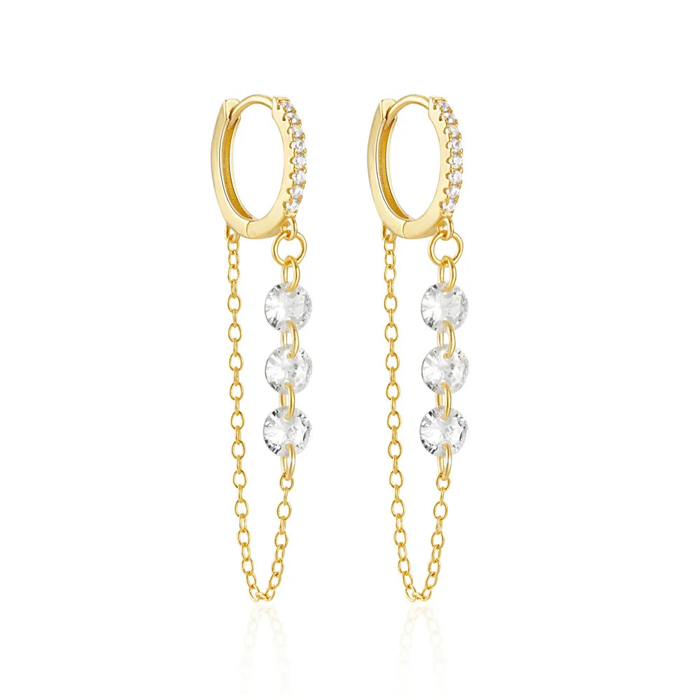 925 Sterling Silver Three Zircon Drop Long Chain Gold Hoop Buckle Piercing Earrings Jewelry