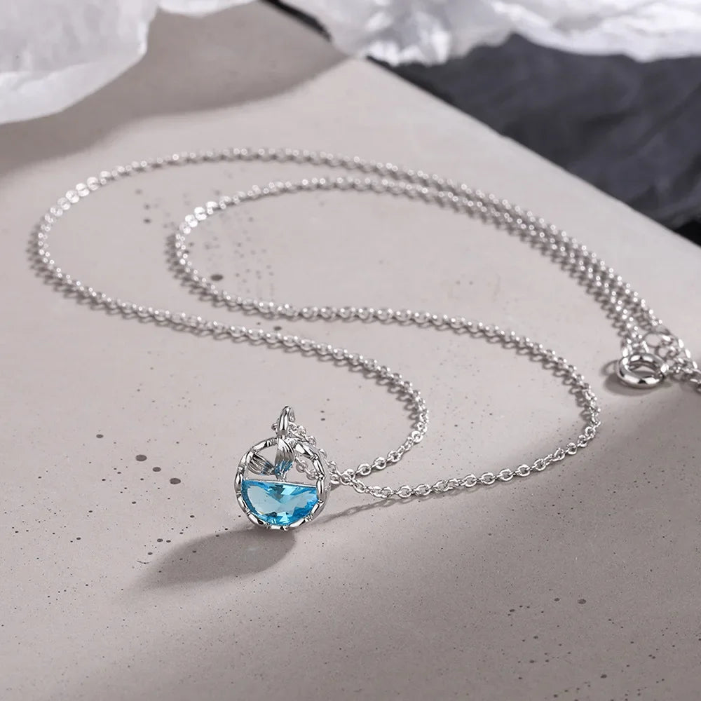 S925 Sterling Silver Mermaid Blue Gemstone Pendant Necklace Jewelry
