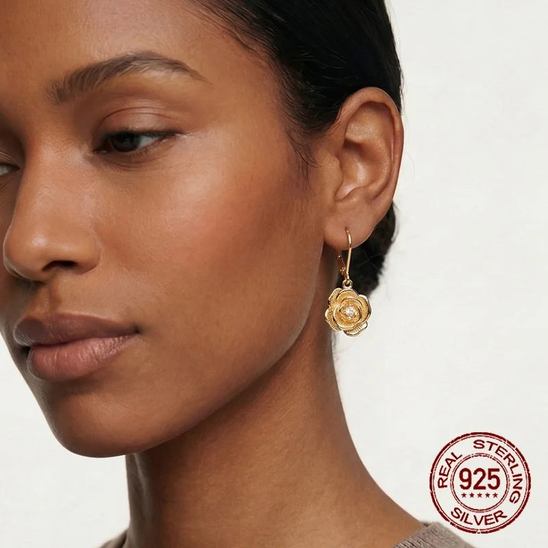 New 925 Sterling Silver 18k Gold Plated CZ Rose Hoop Earring Vintage Twisted Rose Vine Fine Jewelry