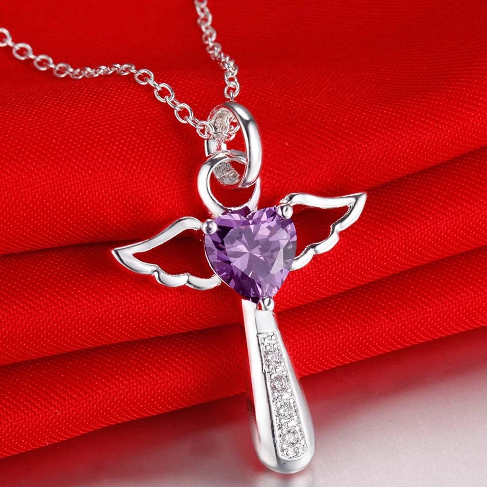 Fine 925 Sterling Silver Angel Noble Crystal Cross Pendants Necklace Jewelry