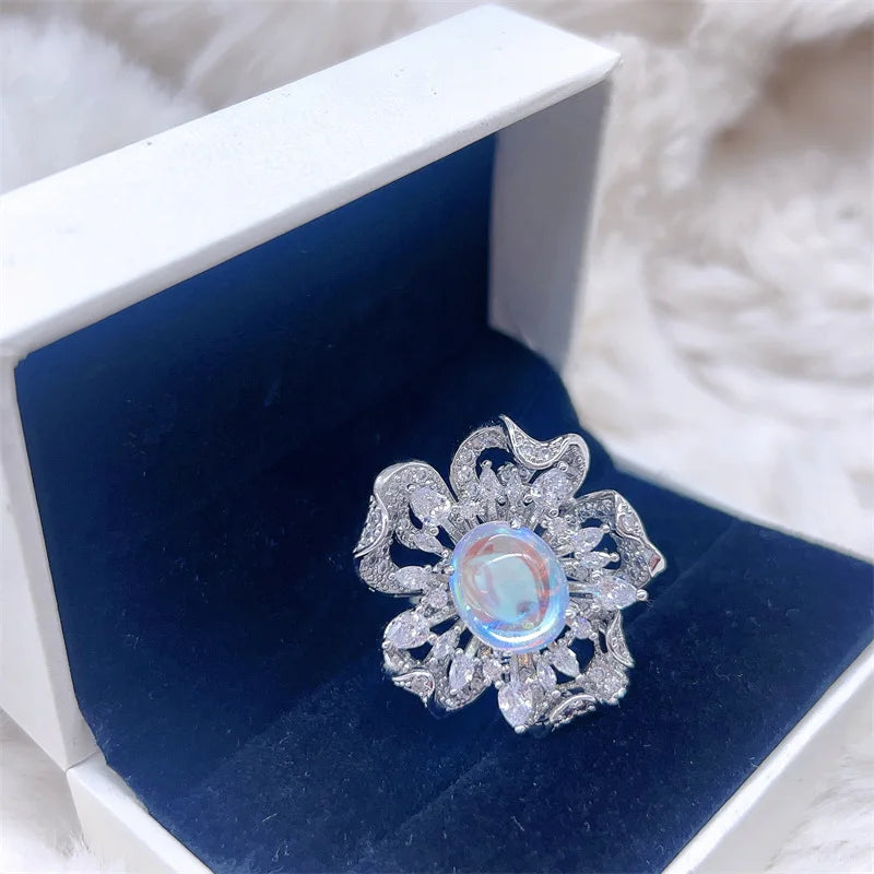 Solid 925 Sterling Silver Luxury Moonstone Opal Zircon Big Flower Open Ring Fine Jewelry