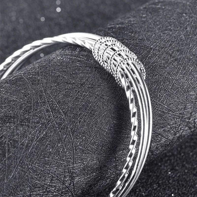 Pure 925 Sterling Silver Fine Three Circles Bangle Bracelet Jewelry