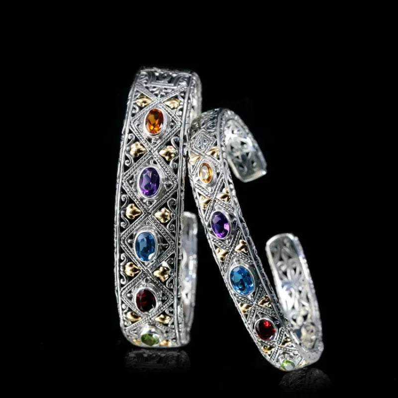 New 925 Silver Luxury Inlaid Colored Gemstone Bangle Bracelet Fine Jewelry