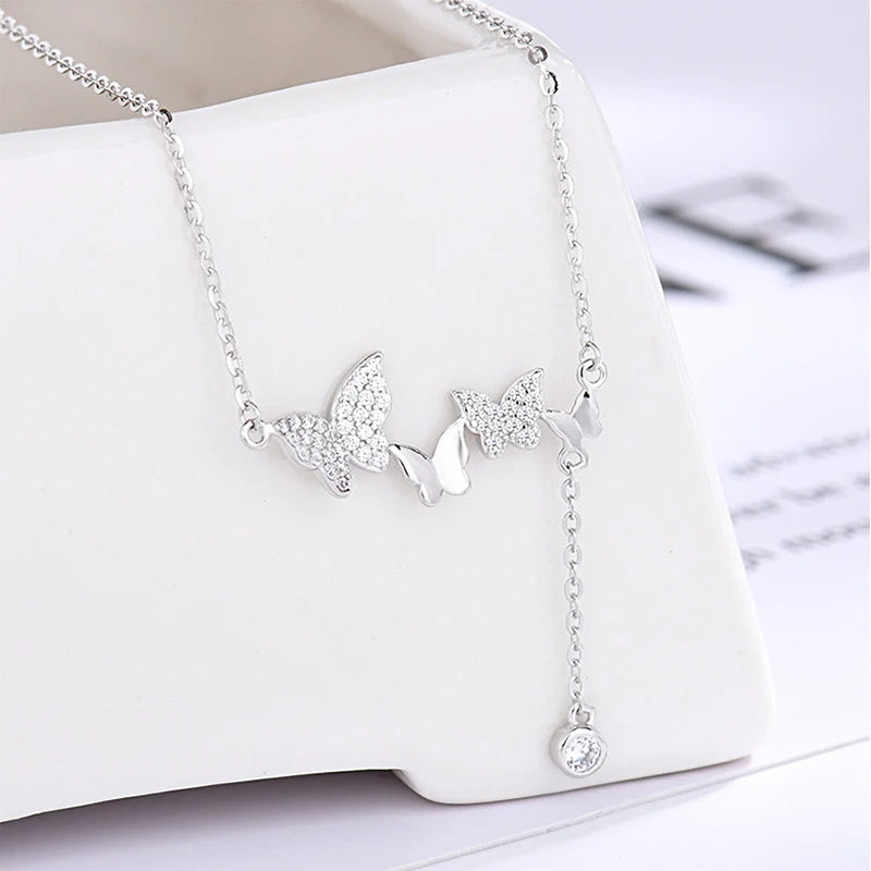 Fine 925 Sterling Chain Silver Butterfly Necklace Fashionable Tassel Collarbone Jewelry