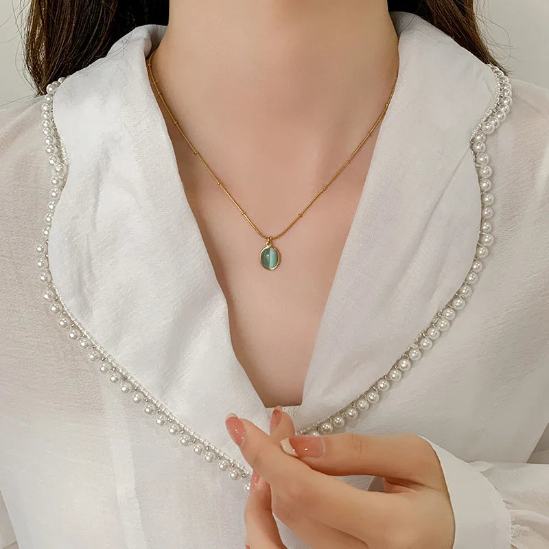 925 Sterling Silver Oval Sea Blue Pendant Necklace Exquisite Cat Eye Stone Lock Bone Chain Jewelry