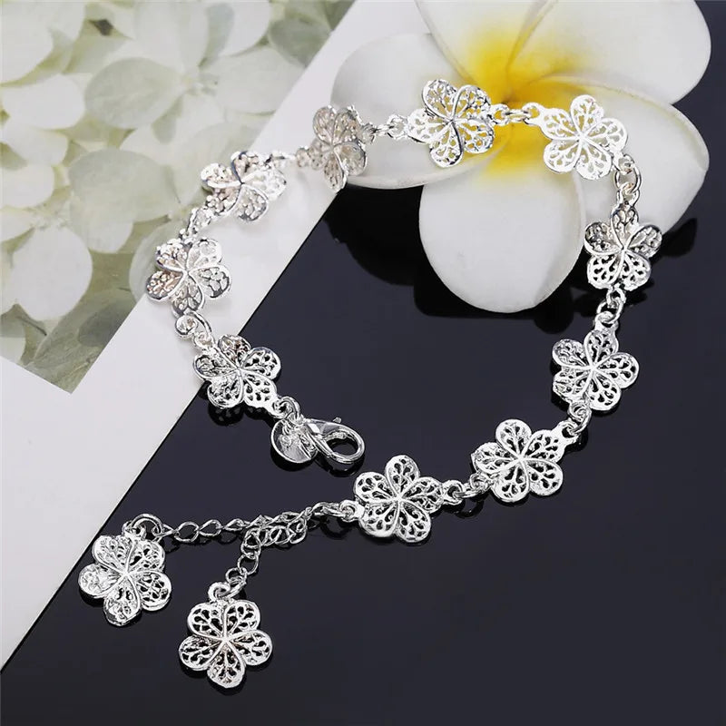 New 925 Sterling Silver Bracelet Beautiful Flowers Fine Jewelry