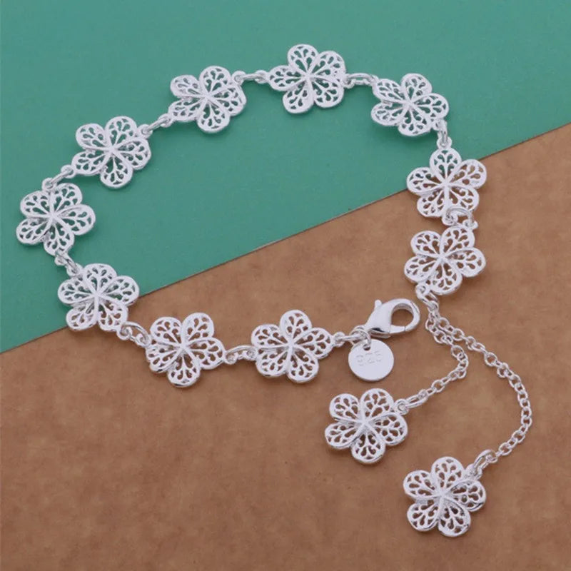 New 925 Sterling Silver Bracelet Beautiful Flowers Fine Jewelry