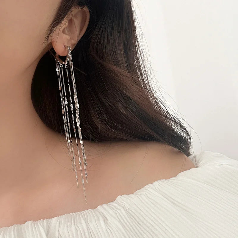 New 923 Sterling Silver Chain Tassels Pendant Hoop Earrings Jewelry