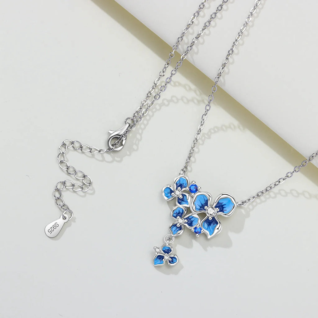 Fine 925 Sterling Silver Blue Iris Flower Pendant Necklace Jewelry