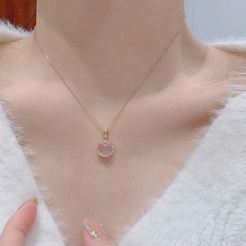 925 Sterling Silver round Pendant Necklace with Pink Crystal Elegant Choker Jewelry