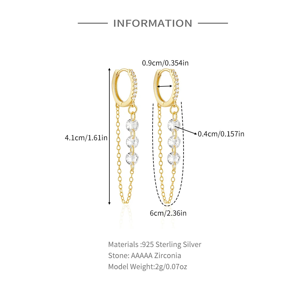 925 Sterling Silver Three Zircon Drop Long Chain Gold Hoop Buckle Piercing Earrings Jewelry
