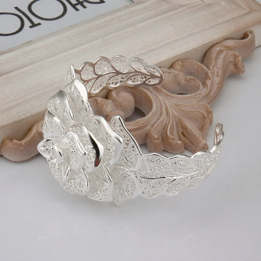 New 925 Sterling Silver Bangle Bracelet Hollow Flowers