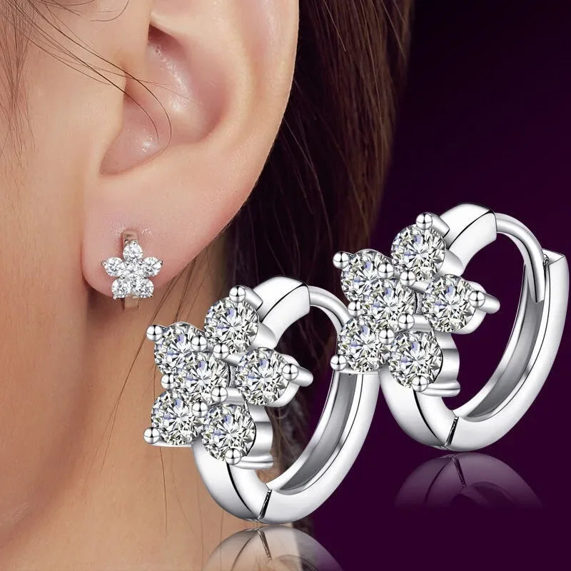 New 923 Sterling Silver Charming Snowflake Pure Zircon Hoop Earrings Fine Jewelry