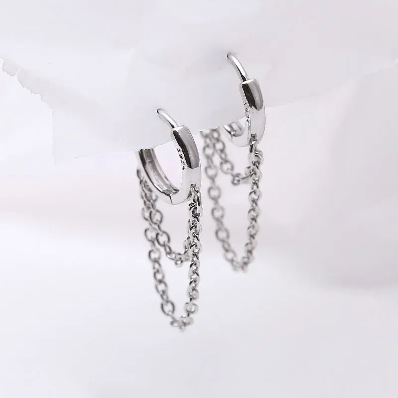 New 925 Sterling Silver Double Layer Tassel Hoop Earrings Fine Fashion Jewelry