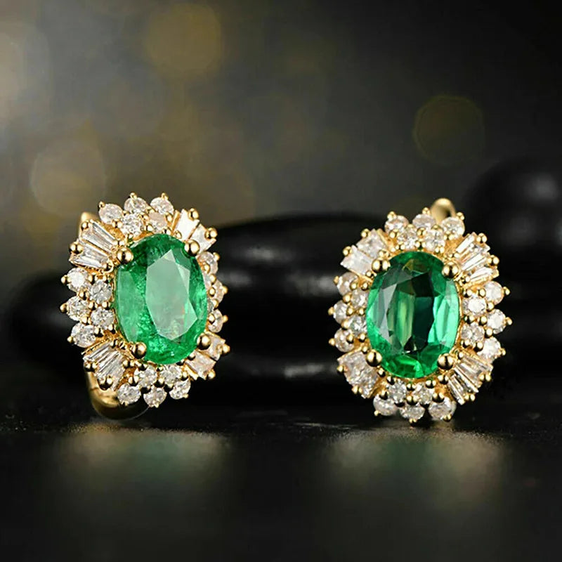 New 925 Sterling Silver 18k Gold Plated Oval Green Cubic Zircon Earrings Luxury Jewelry