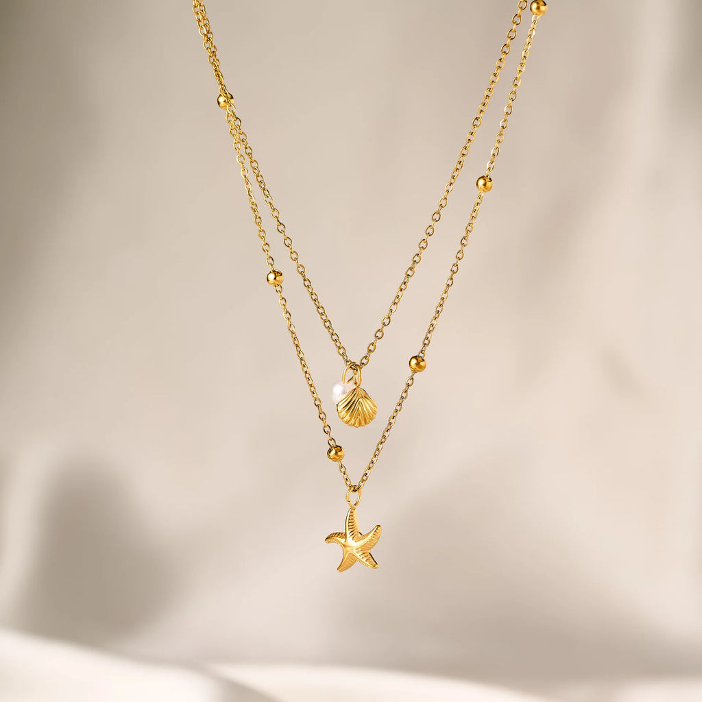 Fashion Starfish Shell Pearl Necklace Stainless Steel Gold Double Layered Beads Chain Jewelry