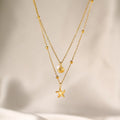 Fashion Starfish Shell Pearl Necklace Stainless Steel Gold Double Layered Beads Chain Jewelry