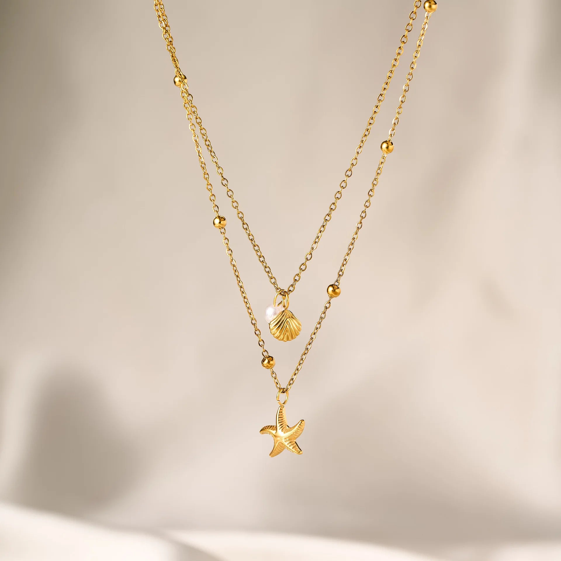 Fashion Starfish Shell Pearl Necklace Stainless Steel Gold Double Layered Beads Chain Jewelry