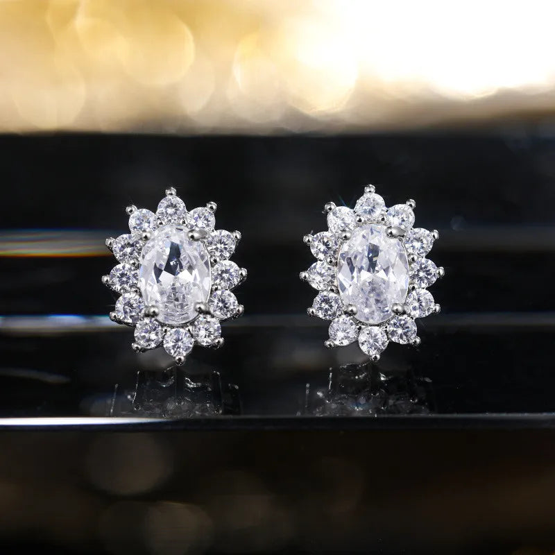 New 925 Sterling Silver Pure Zircon Birthstone Sunflower Shape Stud Earrings Oval Luxury Fine Jewelry