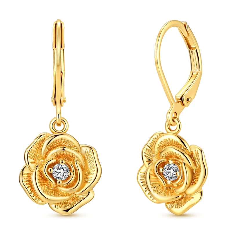 New 925 Sterling Silver 18k Gold Plated CZ Rose Hoop Earring Vintage Twisted Rose Vine Fine Jewelry