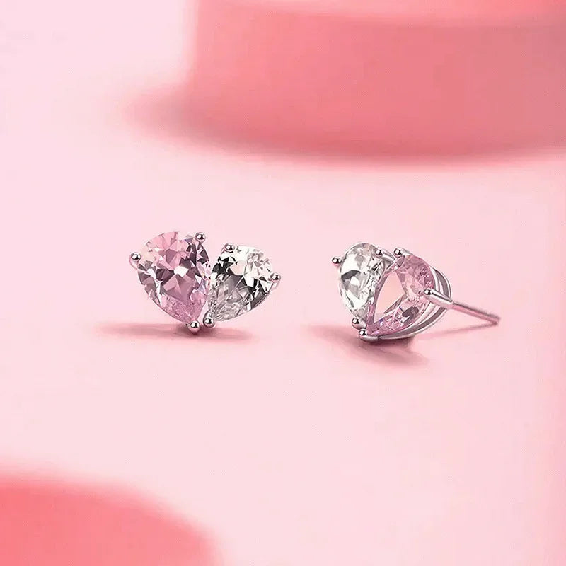 Real Money 925 Sterling Silver Earrings Pink Crystal Heart Shaped Water Droplet Zircon Jewelry