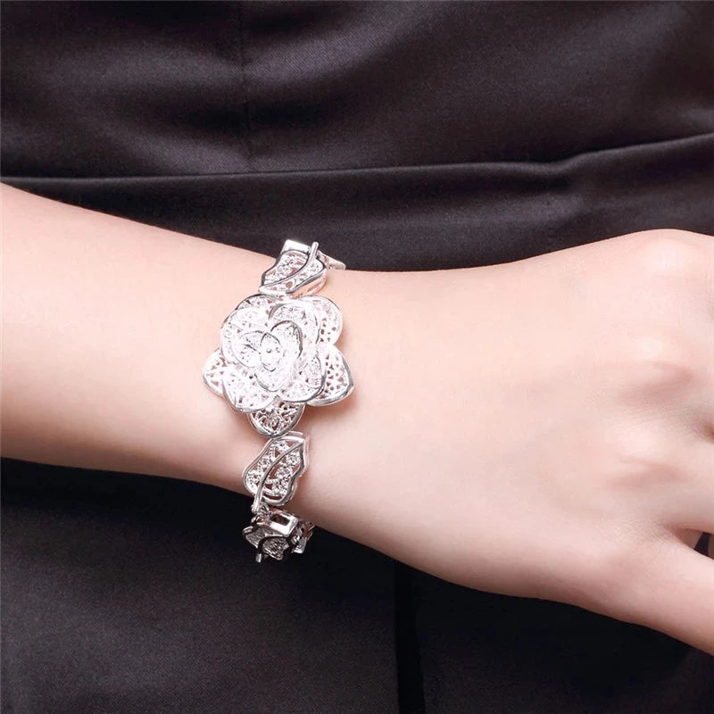Pure 925 Sterling Silver Bracelet Beautiful Big Flower Fine Luxury Jewelry