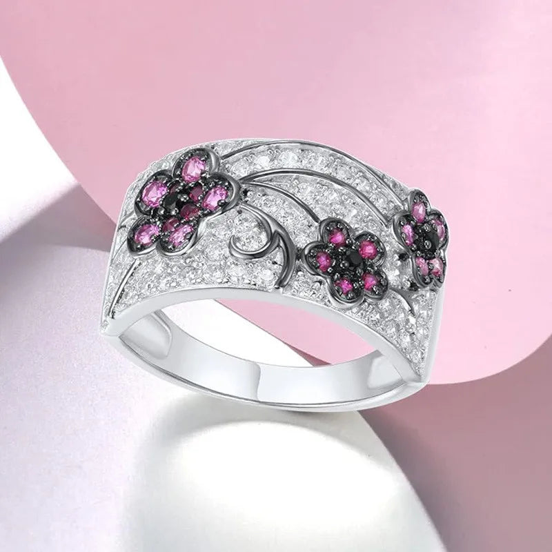 925 Sterling Silver Sparkling Zircon Amethyst Flower Design Ring Fine Jewelry